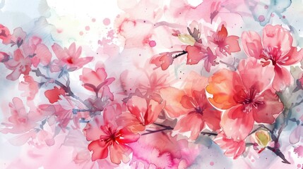 Holiday Decorative. Watercolor Floral Illustration with Pink Flowers in a Garden Setting