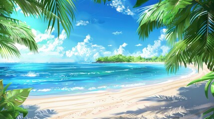 Fototapeta na wymiar Island Beach. Tropical Sandy Shore with Palm Leaves and Sea on Background