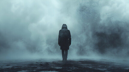 Symbolizing Mental Health Struggles: Perfectly Symmetrical Photo Of A Lonely Figure Emerging From The Mist,
 - obrazy, fototapety, plakaty
