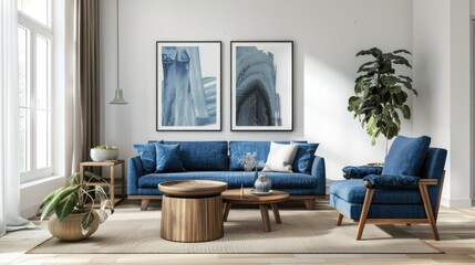Clean Design. Modern Interior with Blue Sofa, Curtains, and Armchair