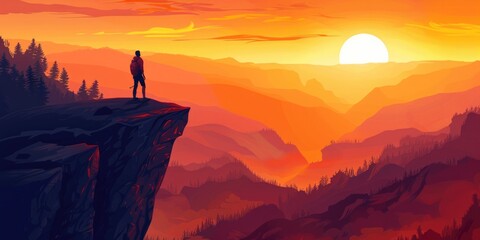 Nature Hiking. Man Standing on Top of Mountain Cliff at Sunset