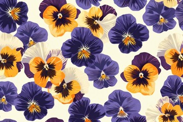 Seamless pattern of vibrant purple and yellow pansies on a clean white background illustration for textile design