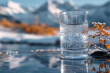 A transparent glass glass with drinking mountain water on the background of snow-capped mountains. The concept of drinking mineral water - obrazy, fototapety, plakaty