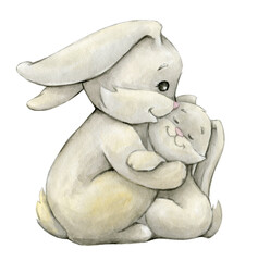 bunnies mom and baby watercolor clipart