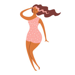 Young woman in swimsuit dancing cute cartoon character illustration. Hand drawn flat style design, isolated vector. Summer holidays, vacations, outdoors, beach activity, pool party, seasonal element - 785432992