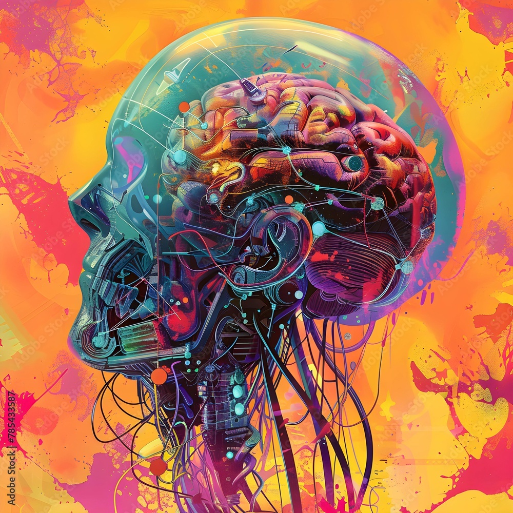 Poster an explosion of color frames a detailed artistic interpretation of the human brain's anatomy and con