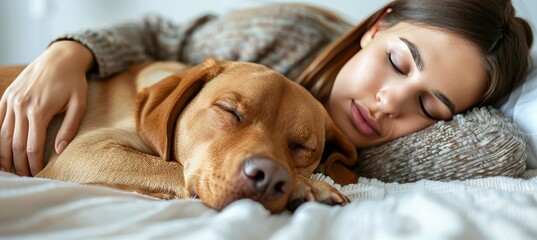 Woman and dog peacefully sleeping on a cozy white bed at home, creating a heartwarming scene