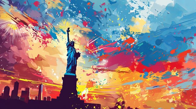 Dynamic Composition: Create a dynamic composition by combining elements such as the Statue of Liberty, the USA flag, sunrise colors, and fireworks in a single image. Generative AI
