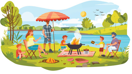 Obraz na płótnie Canvas Family outdoors picnic on river shoreline countryside