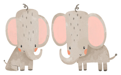 Two little elephants stand and sit. Illustration for newborns. Cute baby illustration on isolated background