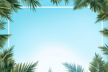 Fototapeta na wymiar Sky Blue frame background, tropical leaves and plants around the sky blue rectangle in the middle of the photo with space for text
