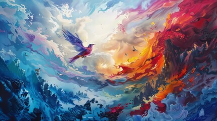 The bird is a hummingbird and is flying towards the right side of the painting