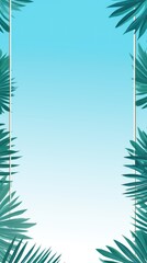 Sky Blue frame background, tropical leaves and plants around the sky blue rectangle in the middle of the photo with space for text