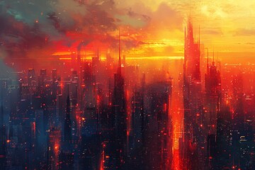 Fototapeta premium Surreal Abstract Cityscape with Melting Buildings Under Twilight Lighting, Evoking a Dystopian Mood and Unique Stylization.