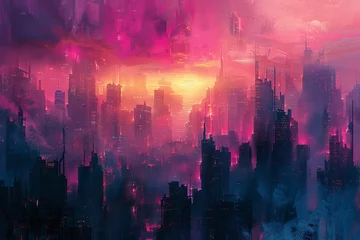 Gordijnen Surreal Abstract Cityscape with Melting Buildings, Twilight Lighting, and Dystopian Mood Concept. © Exotic Escape