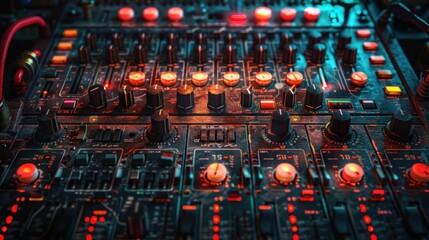 Closeup of a DJ mixer with vibrant red and blue lights on the knobs, illuminated in a dimly lit...