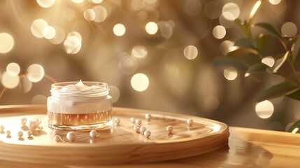 A jar of cosmetic cream is placed on a wooden surface with pearl beads scattered around it,...