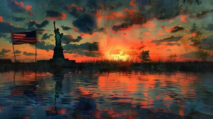 Reflections: Capture reflections of the Statue of Liberty and the USA flag on calm water, adding depth and visual interest to the scene. Generative AI - obrazy, fototapety, plakaty