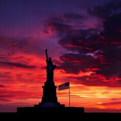 Silhouette at Sunset: Capture the silhouette of the Statue of Liberty against a vibrant sunset sky, with hues of red, orange, and purple. Generative AI