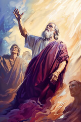 Painting of an old prophet of God with white beard looking at the sky