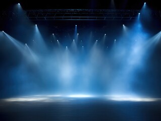 Sky Blue stage background, sky blue spotlight light effects, dark atmosphere, smoke and mist, simple stage background, stage lighting, spotlights