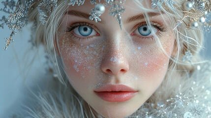 Beautiful woman with fairy appeareance wearing winter theme makeup 