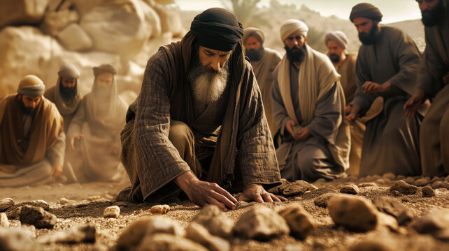 A man is kneeling on the ground and hes writing in the sand