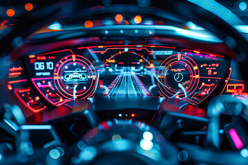 Fototapeta na wymiar A car dashboard with a neon blue screen displaying the speedometer