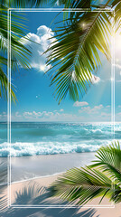 beautiful beach scene with palm trees and a clear blue sky, summer background, calm ocean