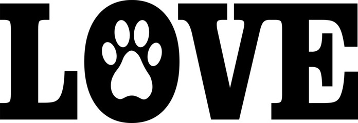 Text love with animal paw in the letter O