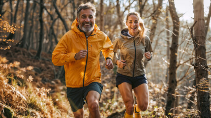 Fototapeta premium A man and woman running in the woods in autumn time