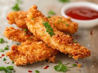 Chicken strips covered in crispy breadcrumbs! They're fried till golden brown! Let's dip them in sauce and enjoy! Crunchy and delicious!  - obrazy, fototapety, plakaty