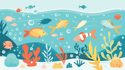Fishes swimming at the bottom of the sea. Flat style
