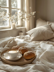 Fototapeta na wymiar Breakfast on a dark wooden vintage tray in bed with light beige sheets and pillows. Flat lay, top view. Slow romantic morning concept.