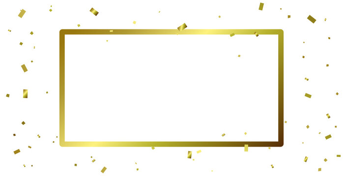 Golden Confetti Ribbons With Border Frame On White Background. Celebration And Happy Birthday. Decoration Concept Design. Vector Illustration. Banner
