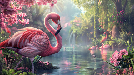 Pink flamingo beautiful in the fantasy forest