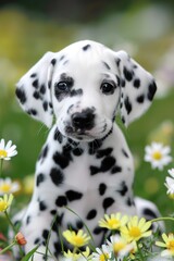 Energetic dalmatian pup joyfully running in a meadow, showcasing its beautiful spots