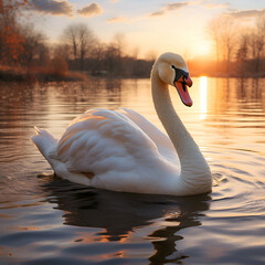 Beautiful white swan swimming on the lake at sunset.