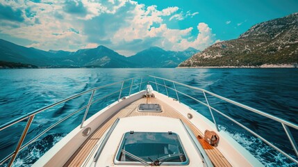 Yacht Boat. Front View of Luxury Yacht Bow in Adriatic Sea - obrazy, fototapety, plakaty