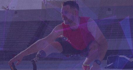 Image of geometrical shapes over caucasian male with running blade stretching before training