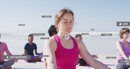 Image of social media data processing over diverse women exercising on beach