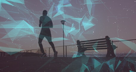 Image of geometrical shapes over african american fit man running on promenade at sunset