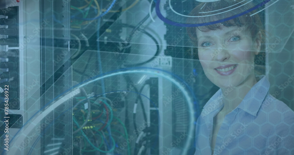 Canvas Prints Image of data processing over caucasian woman smiling in server room