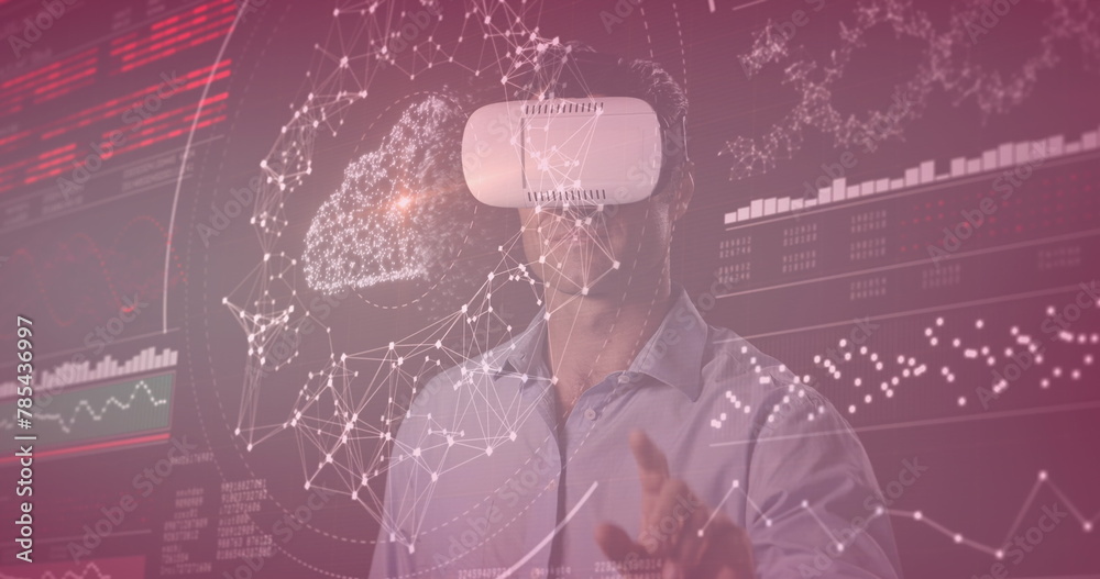 Wall mural Image of data processing over caucasian man with vr headset