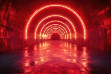 Fototapeta premium An empty underground red room like tunnel with bare walls and lighting metro