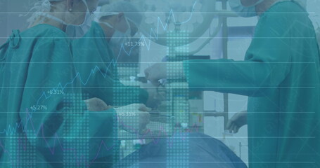 Image of data processing over surgeons in face masks