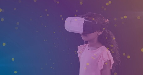 Image of data processing with padlock over biracial schoolgirl with vr headset