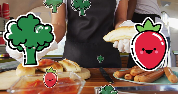 Image of vegetables and fruit icons over diverse chefs cooking