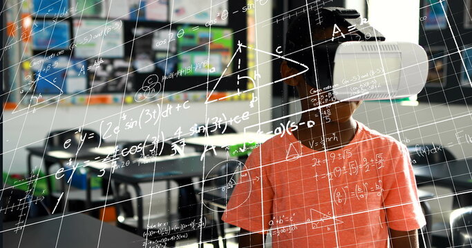 Image of data processing over african american schoolboy with vr headset