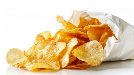 A bag of chips is opened and scattered on a white surface